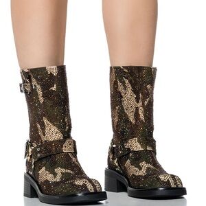 Azalea Wang Camo Rhinestone Embellished Combat Booties